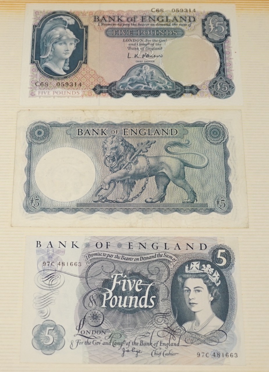 A Weald of Kent One Pound banknote, April 1813 and a portfolio of early banknotes including the white Five Pounds note, 1947, Chief Cashier Kenneth Peppiatt